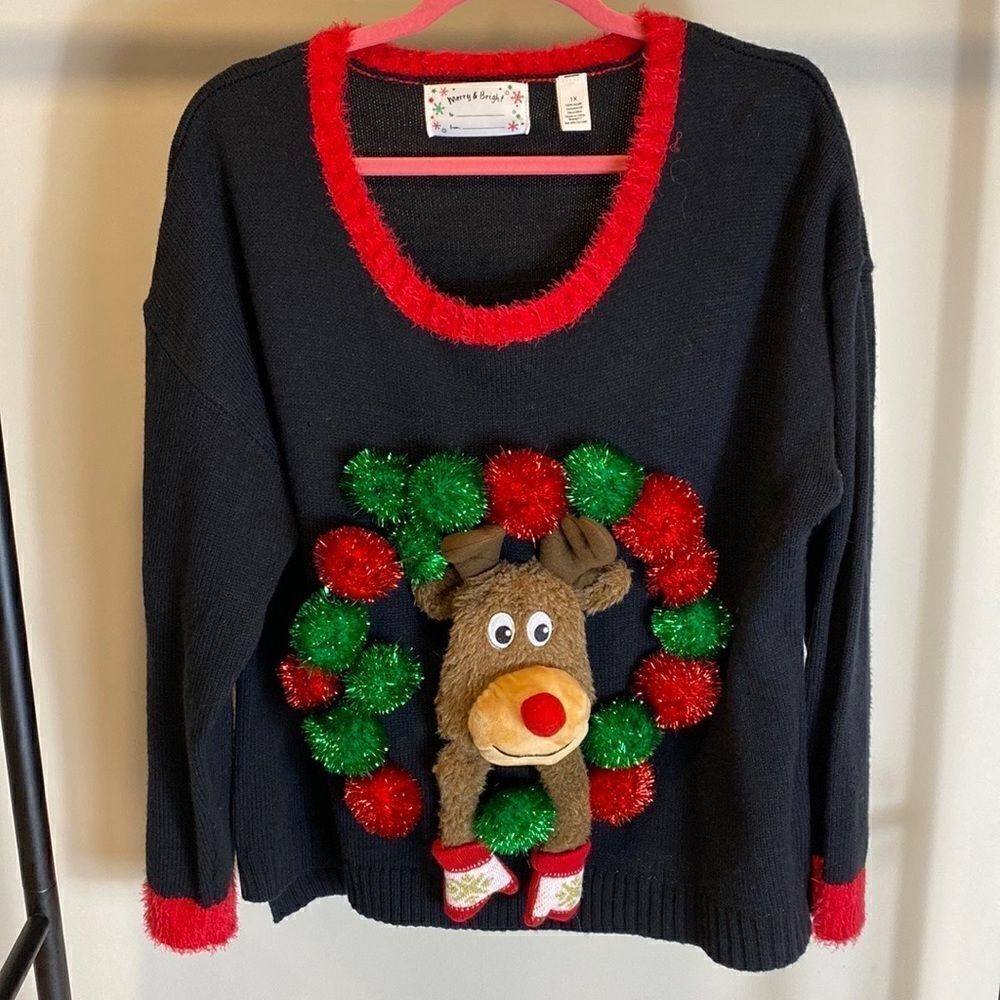Ugly Christmas Sweater 3D Plush reindeer head & bells Size 1X